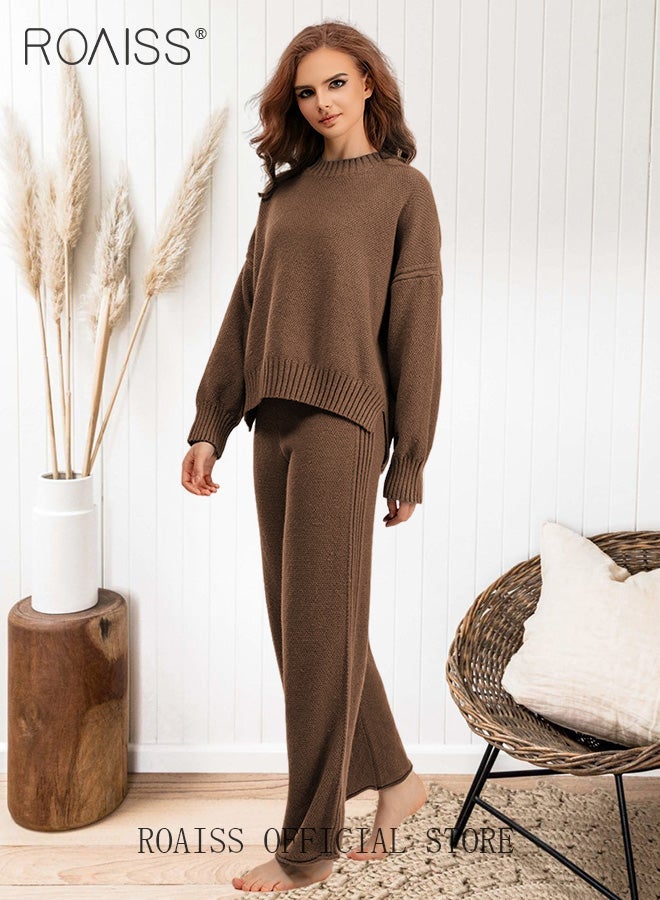 roaiss Women 2 Piece Outfits, Oversized Knitted Suit with Pullover Sweater and Wide Leg Pants, Comfortable Lounge Set for Ladies, Suitable for Daily Wear, Homewear or Any Casual Occasion - Image 4